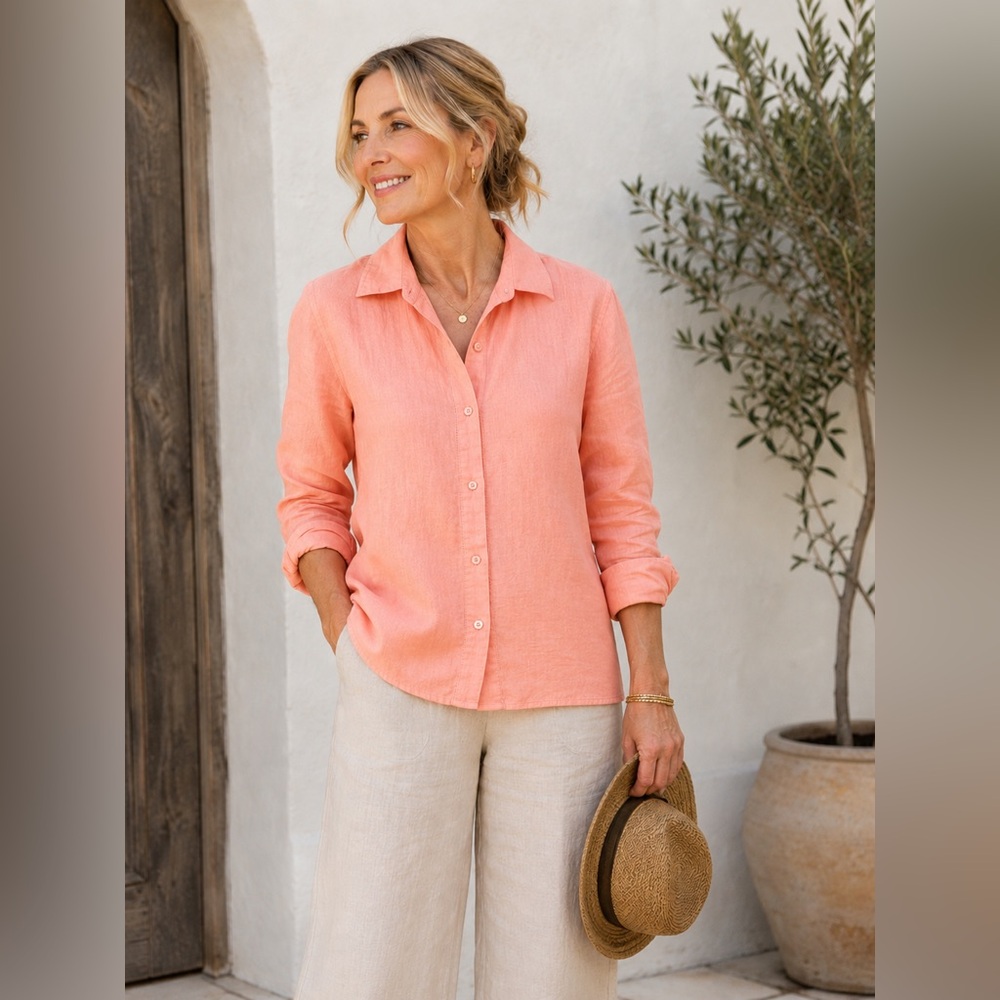 Coral Linen Button Front Shirt Lightweight Relaxed Coastal Chic Top Size MP